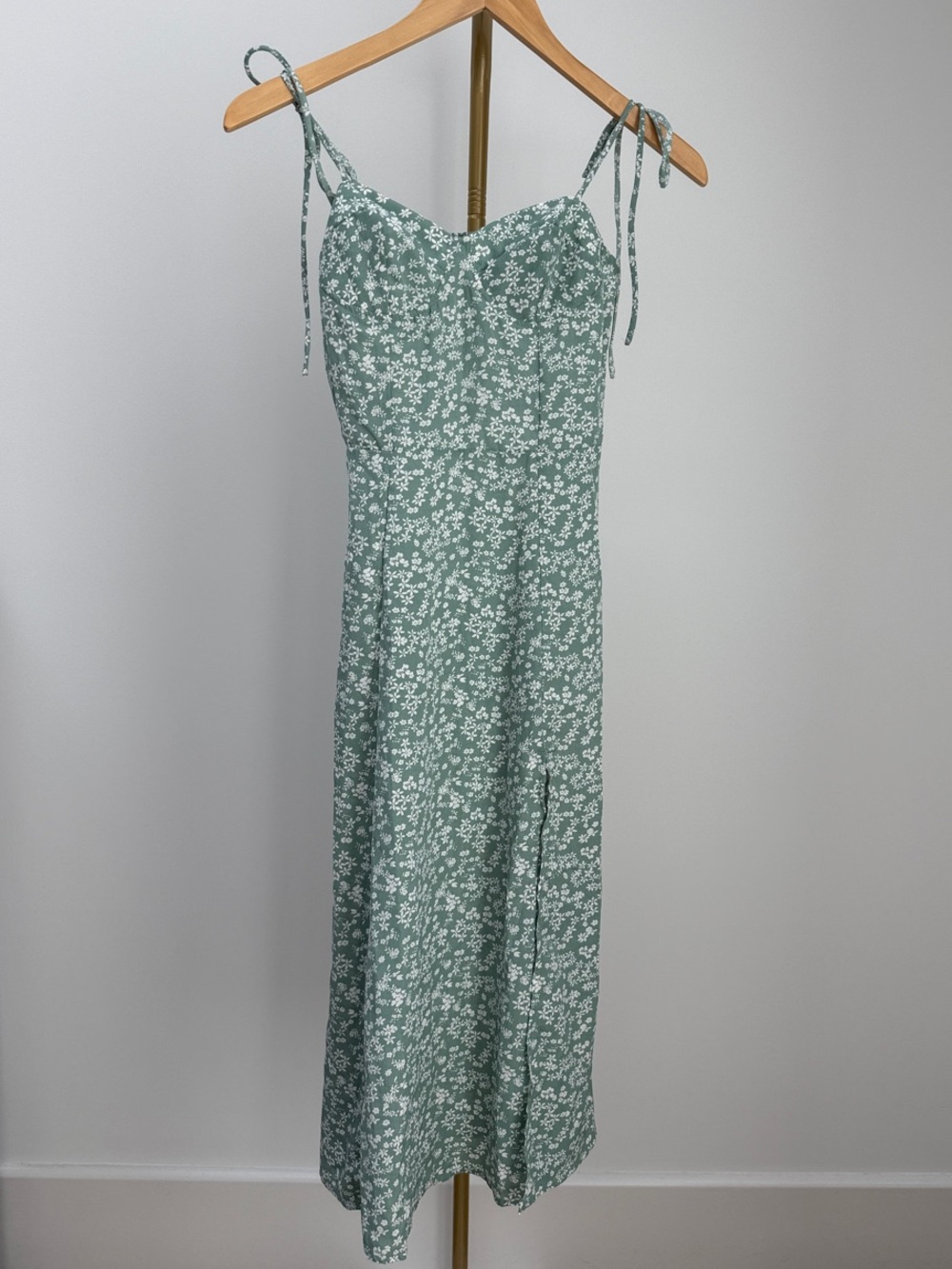 Green Floral Tie-Strap Split Hem Midi Dress